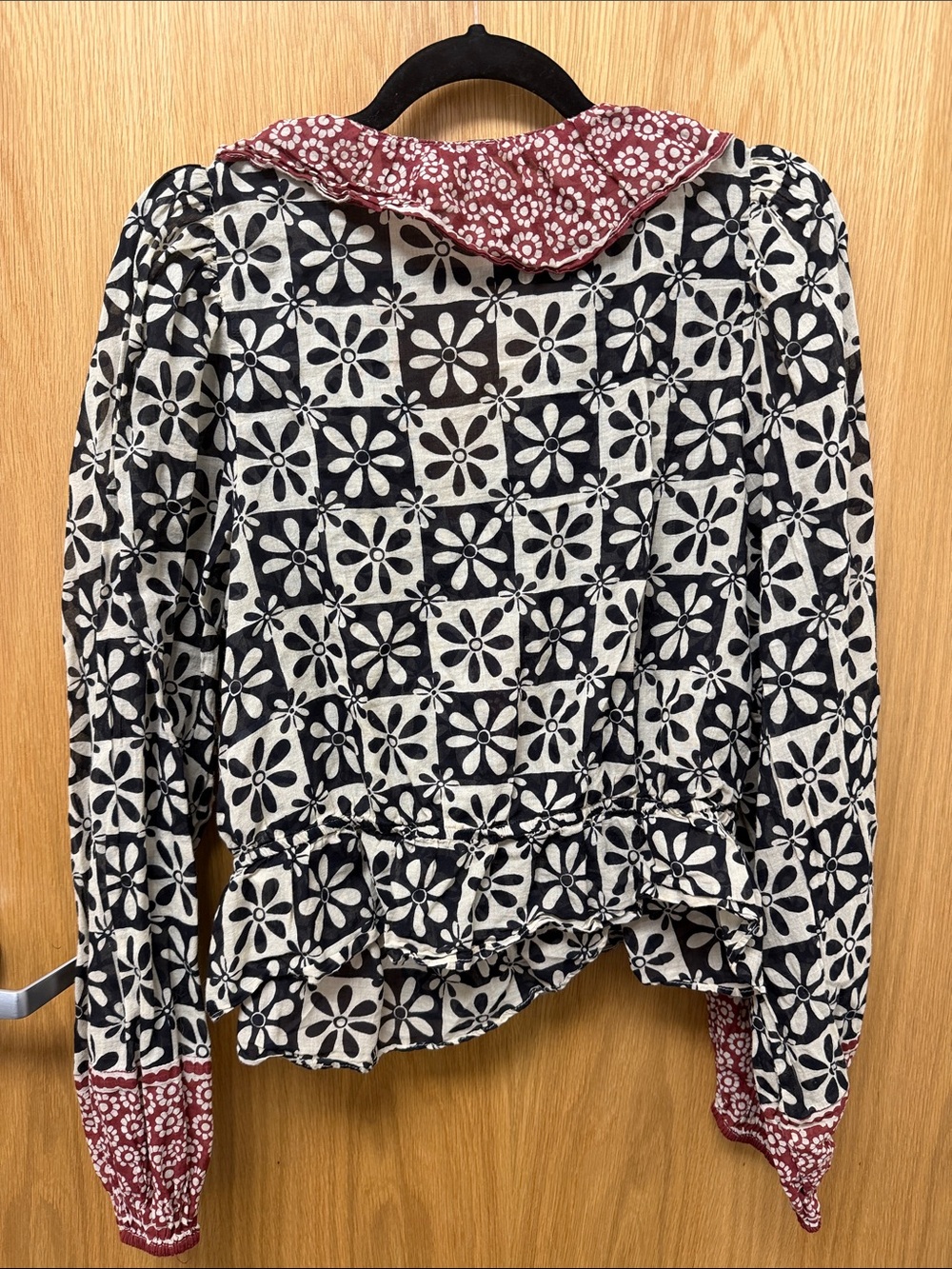 Free People Black & White Floral Ruffle-Trim Blouse with Burgundy Accents - Picture 5 of 10